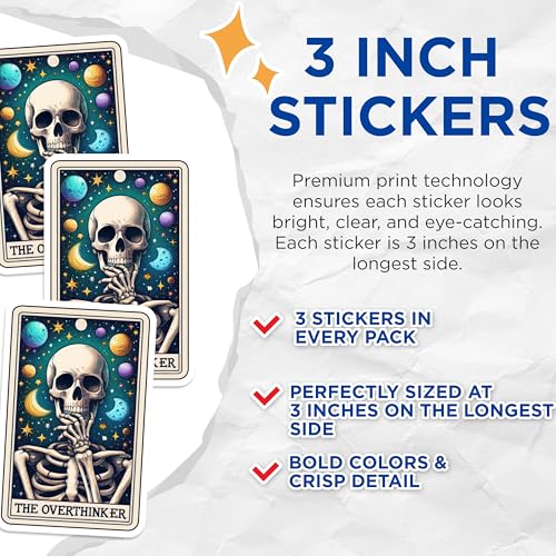 (3 Pack) Overthinker Tarot Decals - Skull Space Art - Laptop Decals - 3 Inches On Longest Side - Easy Peel & Apply - Made in USA - 3MCS4238
