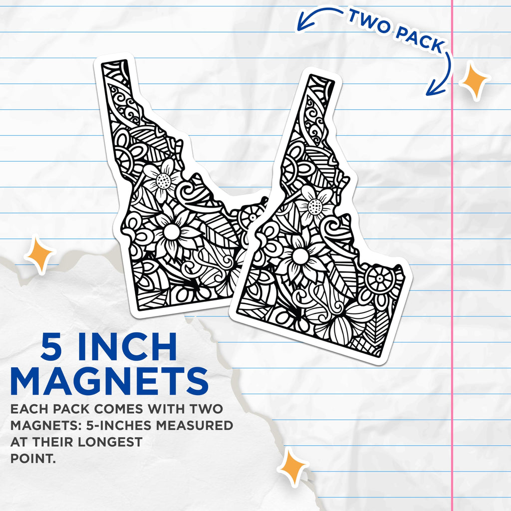 (2 Pack) Idaho State Magnets - Floral Idaho Fridge Magnets - Black and White Decor - 5" On Longest Side - Premium Magnet - for Cars, Refrigerators, Toolboxes, Lockers - Made in USA - MAG17600