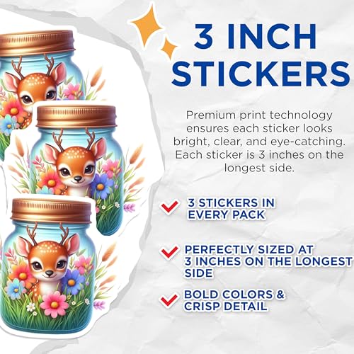 (3 Pack) Cute Deer Decals - Flower Jar - Laptop Stickers - 3 Inches On Longest Side - Easy Peel & Apply - Made in USA - 3MCS8140