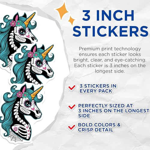 (3 Pack) Sugar Skull Unicorn Decals - Dia de Los Muertos - Calavera Unicorn Stickers - 3 Inches On Longest Side - Easy Peel & Apply - Made in USA - 3MCS8222