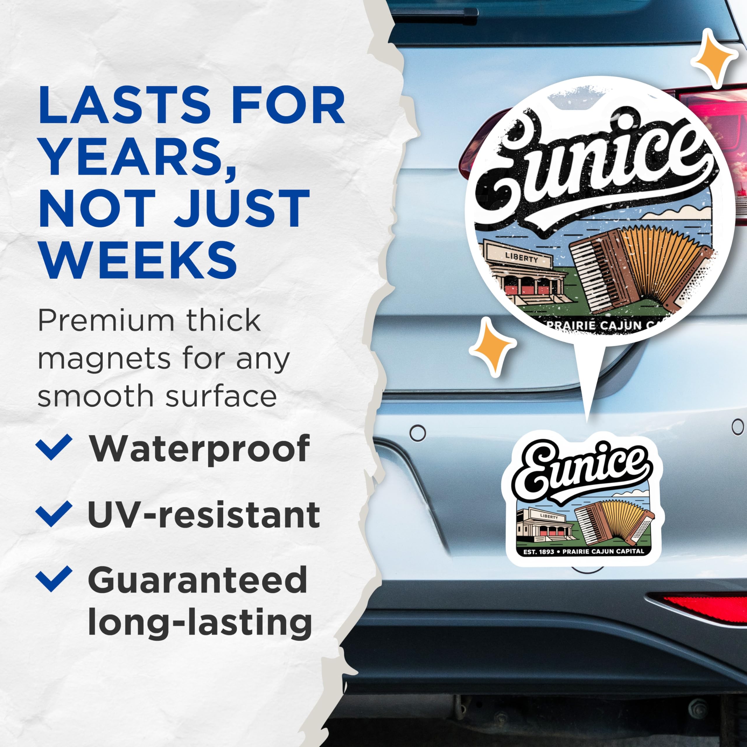 (2 Pack) Eunice Louisiana Magnets - Cajun Prairie Capital - Accordion Music Lover - 5" On Longest Side - Premium Magnet - for Cars, Refrigerators, Toolboxes, Lockers - Made in USA - MAG18027