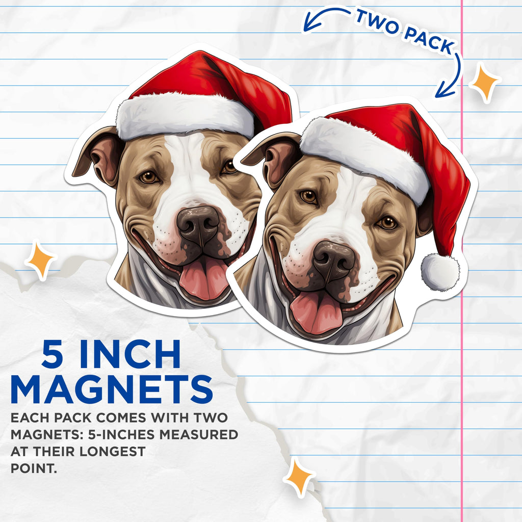 (2 Pack) Pitbull Santa Hat Magnets - Christmas Dog Decor - Festive Pet Refrigerator Accents - 5 Inches On Longest Side - Thick Durable Magnet - Made in USA - MAG28382