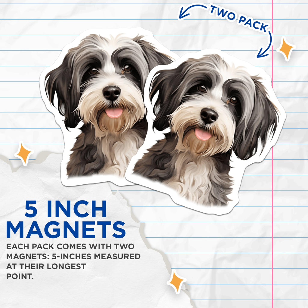 (2 Pack) Adorable Fluffy Dog Magnets - Cute Pet Owner Accessory - Black White Shaggy Pup Art - 5 Inches On Longest Side - Thick Durable Magnet - Made in USA - MAG30491