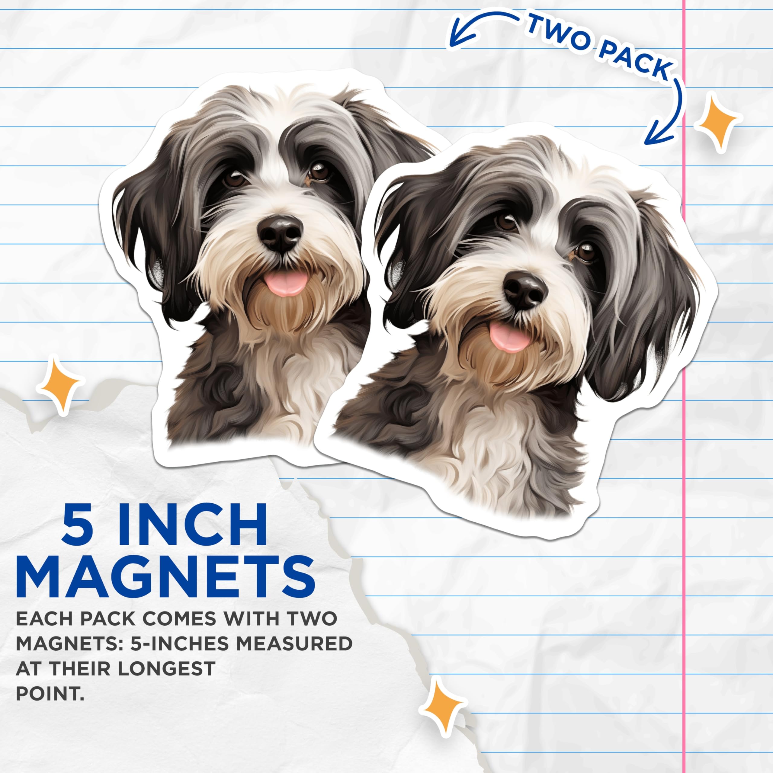 (2 Pack) Adorable Fluffy Dog Magnets - Cute Pet Owner Accessory - Black White Shaggy Pup Art - 5 Inches On Longest Side - Thick Durable Magnet - Made in USA - MAG30491