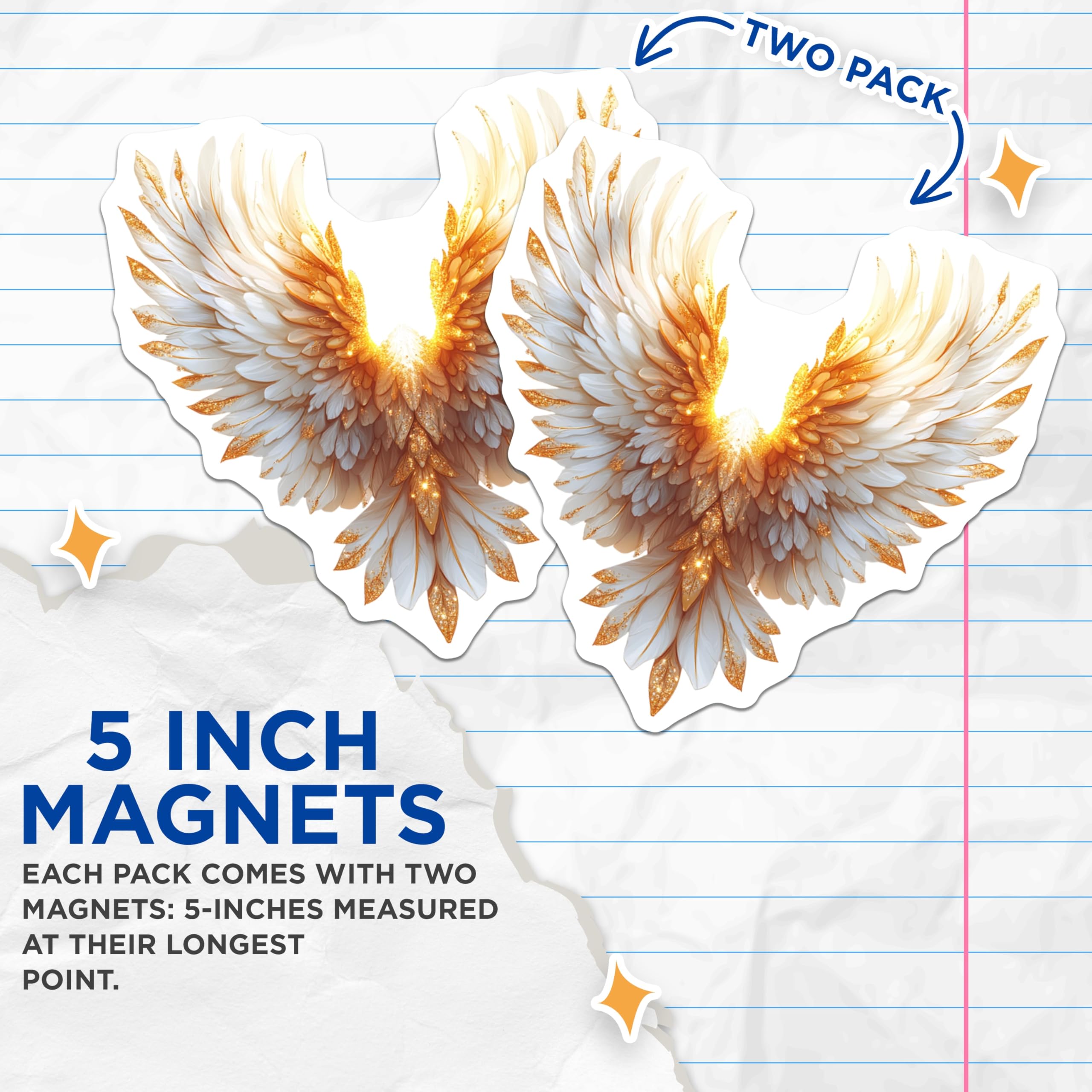 (2 Pack) Angel Wings Magnets - Gold Glitter Feathers - Spiritual Decor Celestial Art - 5 Inches On Longest Side - Thick Durable Magnet - Made in USA - MAG27540