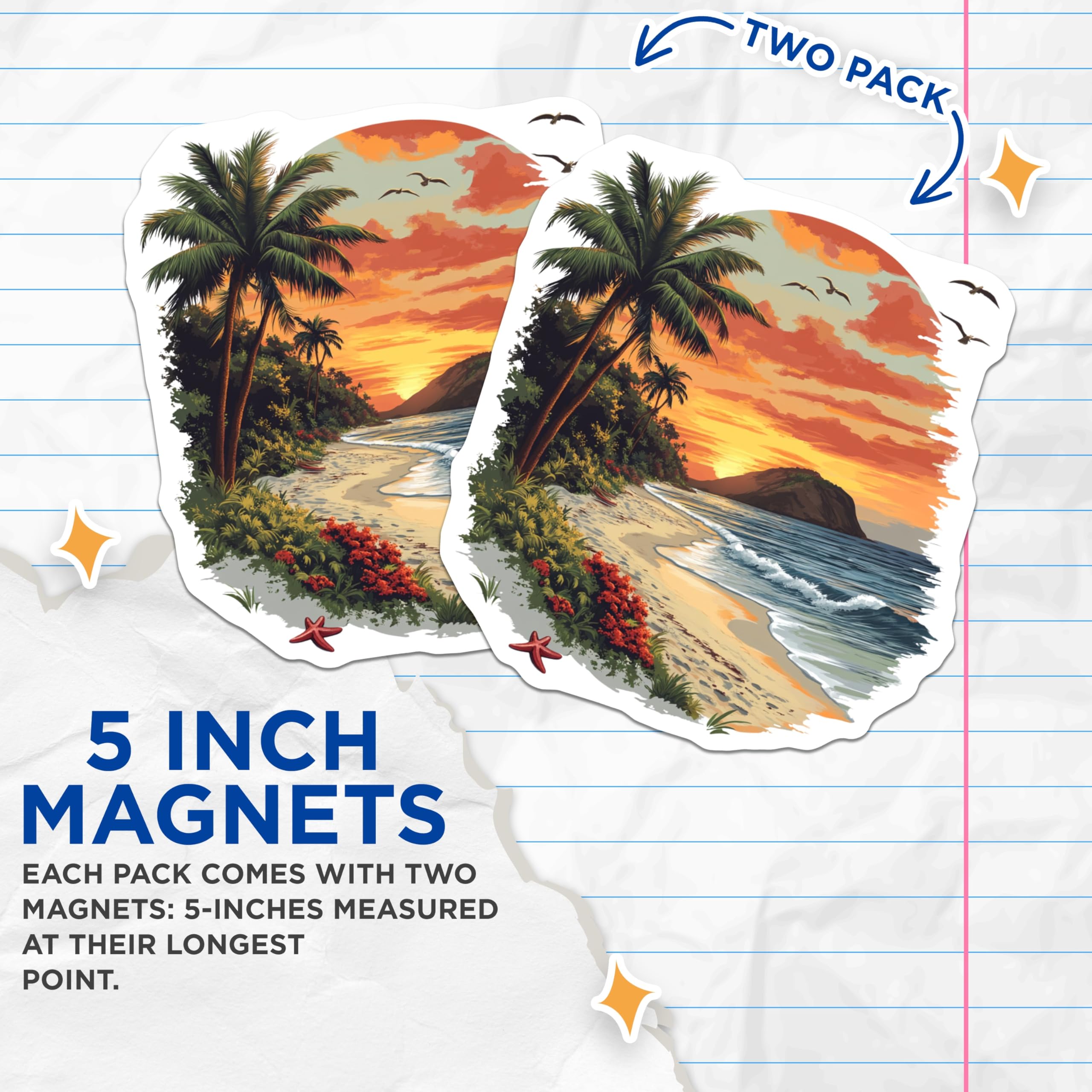 (2 Pack) Tropical Sunset Beach Magnets - Island Paradise Decor - Palm Tree Ocean Refrigerator Accessory - 5 Inches On Longest Side - Thick Durable Magnet - Made in USA - MAG28709