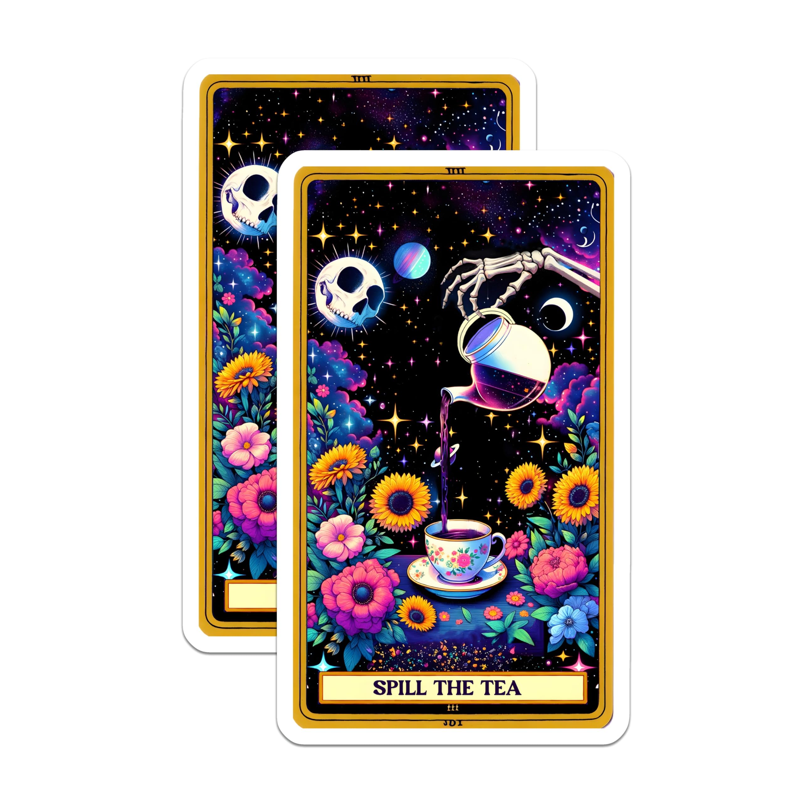 (2 Pack) Spill The Tea Magnets - Celestial Skull Skeleton Hand - Whimsical Floral Tarot Art - 5 Inches On Longest Side - Thick Durable Magnet - Made in USA - MAG22197