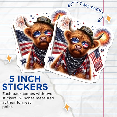 (2 Pack) Patriotic Highland Cow Stickers - Independence Day - USA Flag - Funny Animal - Cute Highland Cow - 5" On Longest Side - Sticks to Smooth Flat Surfaces - Made in USA - BMCS6350