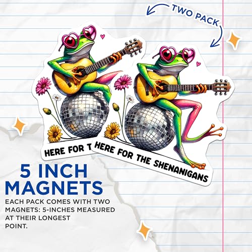 (2 Pack) Here for The Sheigans Magnets - Cute Frog Playing Guitar - Fun Animal Print - Funky Magnet for Fridge - 5" On Longest Side - for Cars, Fridges, Toolboxes - Made in USA - MAG3721