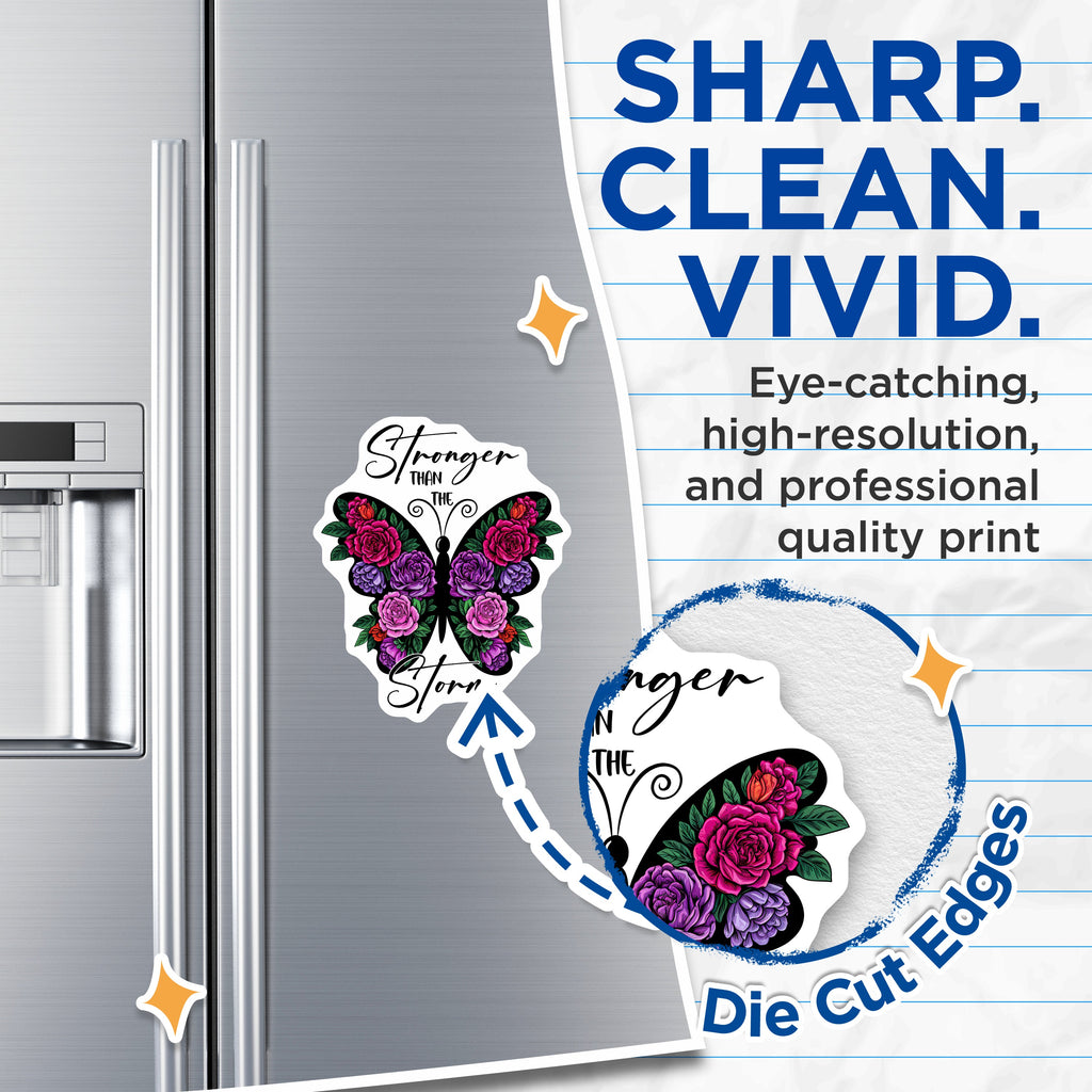 (2 Pack) Stronger Than The Storm Magnets - Floral Butterfly Quote - Inspirational Resilience Decor - 5 Inches On Longest Side - Thick Durable Magnet - Made in USA - MAG38910