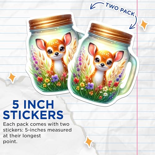 (2 Pack) Cute Deer in Flower Jar Stickers - Adorable Kawaii Animal - Whimsical Nature Art - 5" On Longest Side - Sticks to Smooth Flat Surfaces - Made in USA - BMCS9382