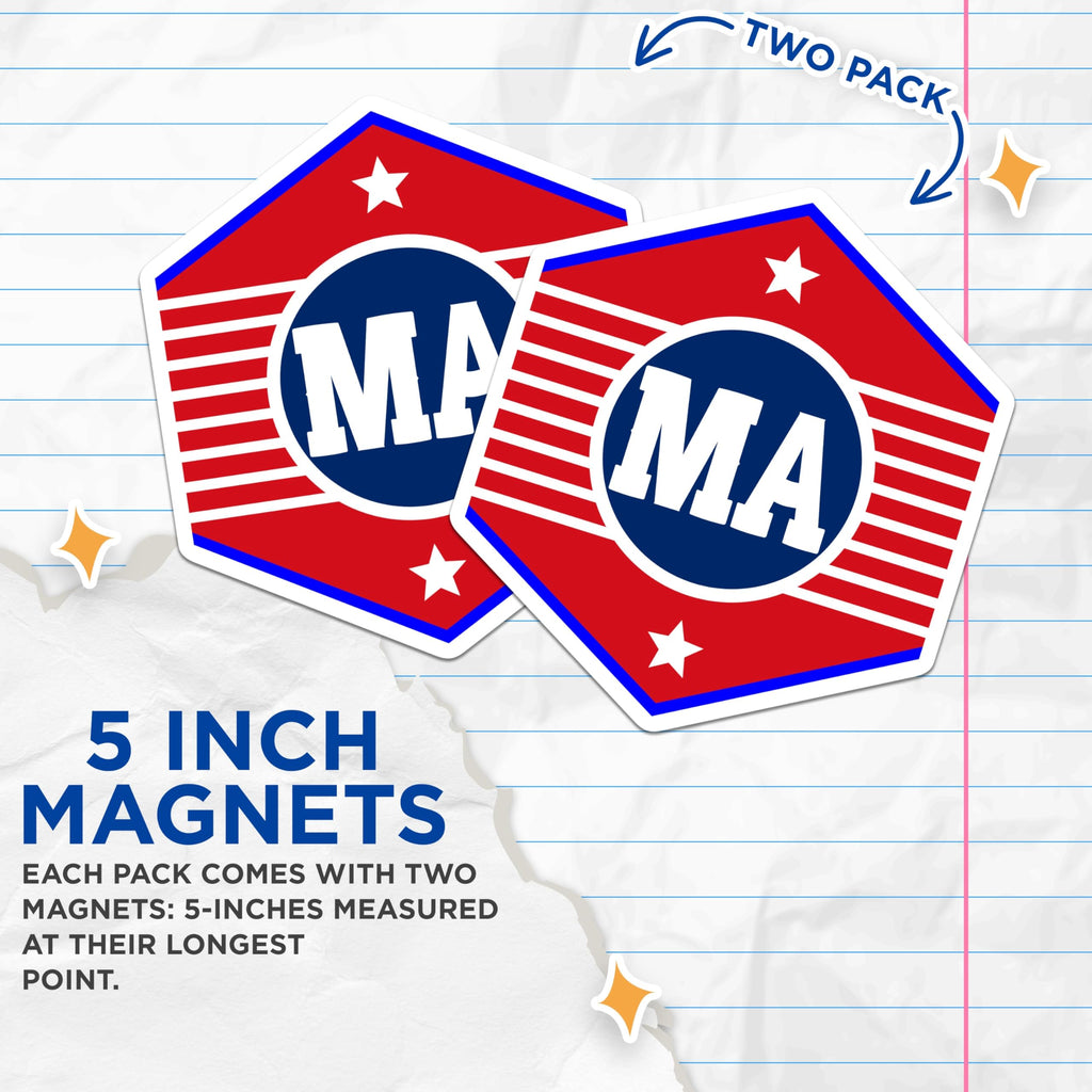(2 Pack) Patriotic MA Magnets - Red White Blue Decor - Stars Stripes Hexagon Display - 5 Inches On Longest Side - Thick Durable Magnet - Made in USA - MAG19208