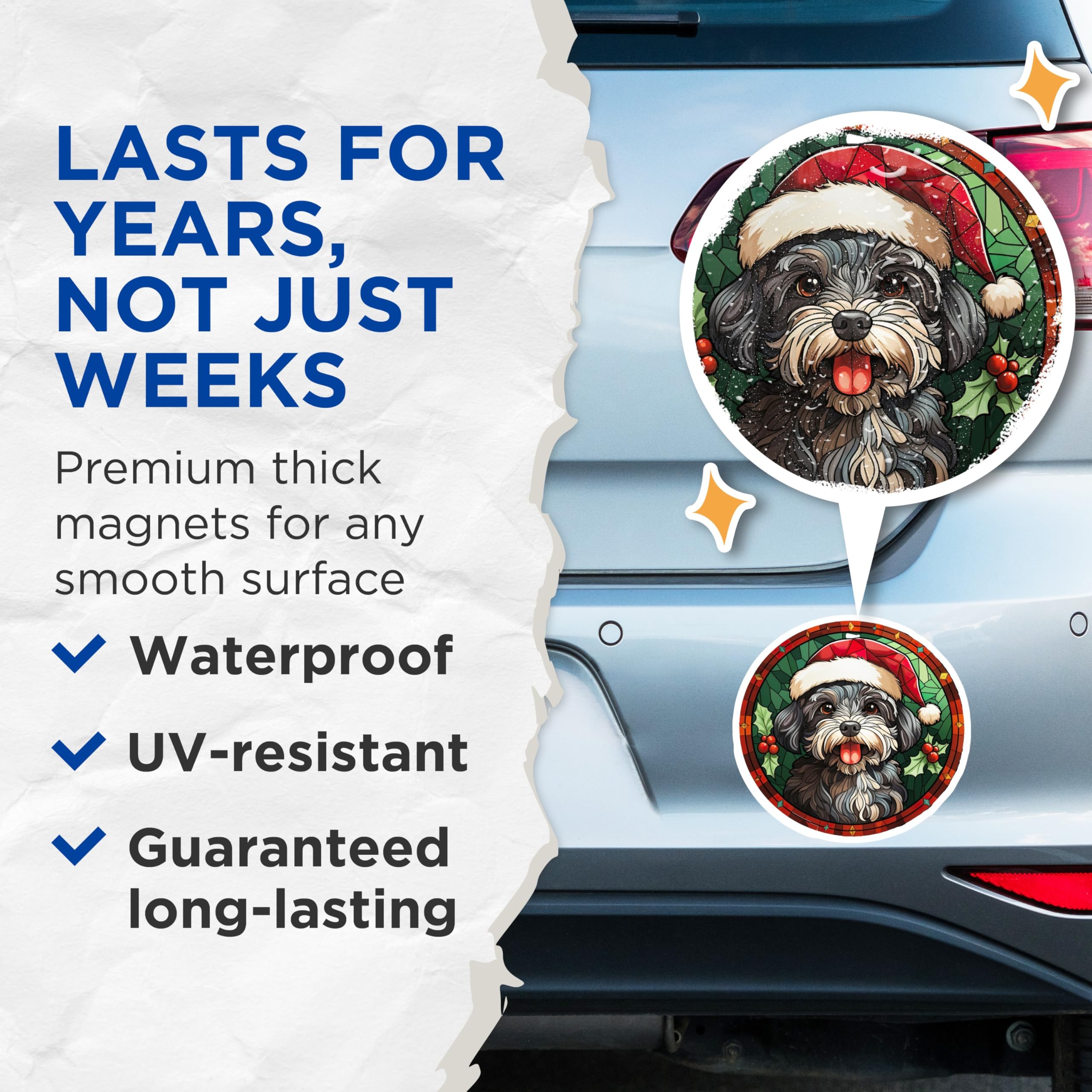 (2 Pack) Stained Glass Christmas Dog Magnets - Santa Hat Puppy Holiday Pet Decor - Animal Lover Fridge Decor for Dog Owners - 5 Inches On Longest Side - Thick Durable Magnet - Made in USA - MAG26590