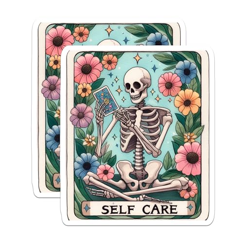 (2 Pack) Self Care Stickers - Skeleton Meditation - Floral Art Sticker - 5" On Longest Side - Sticks to Smooth Flat Surfaces - Made in USA - BMCS9445