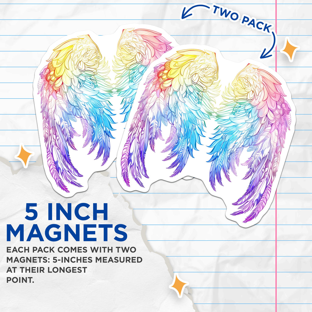 (2 Pack) Rainbow Angel Wings Magnets - Colorful Feather Art - Spiritual Celestial Decor - Fantasy Lover Pride - 5 Inches On Longest Side - Thick Durable Magnet - Made in USA - MAG38595