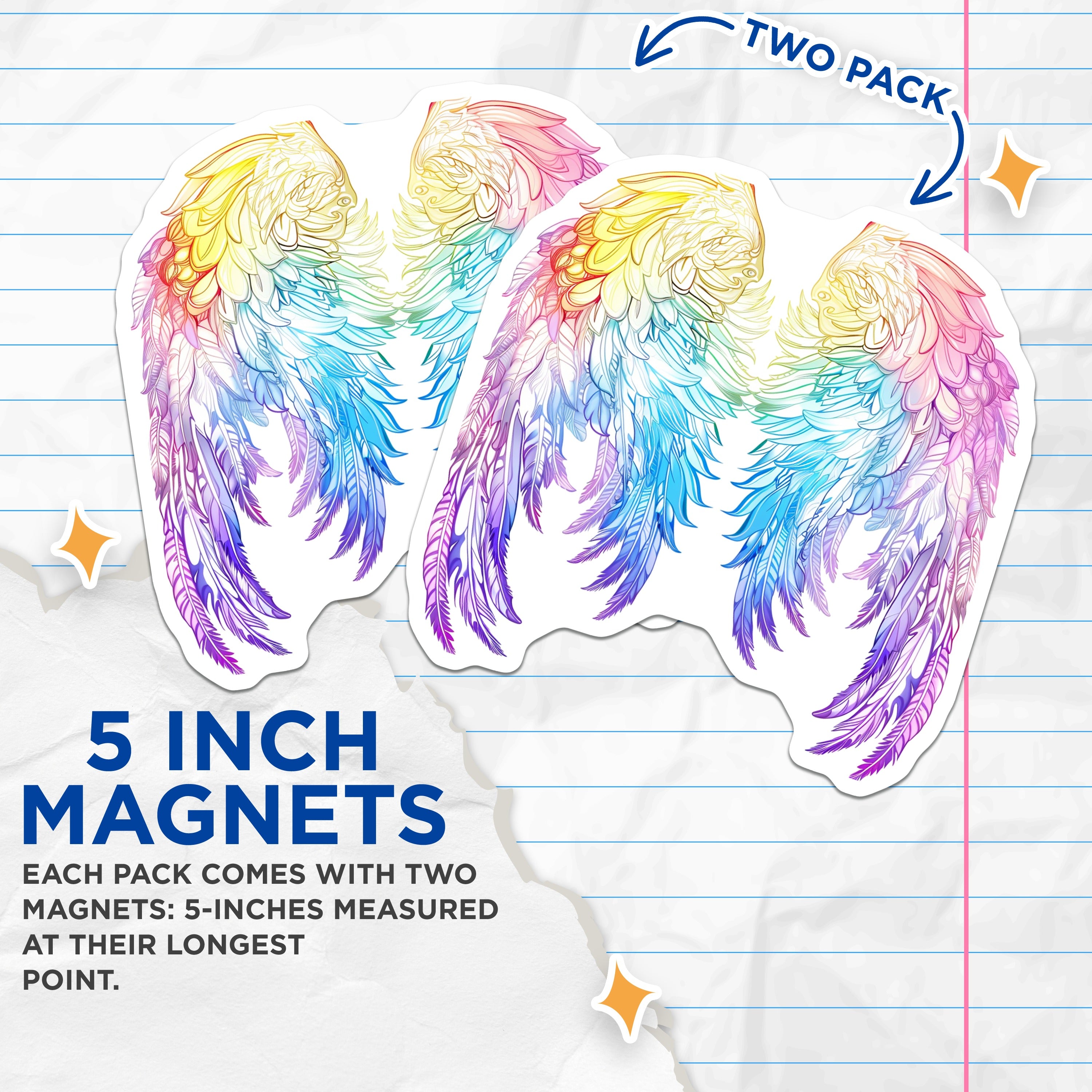 (2 Pack) Rainbow Angel Wings Magnets - Colorful Feather Art - Spiritual Celestial Decor - Fantasy Lover Pride - 5 Inches On Longest Side - Thick Durable Magnet - Made in USA - MAG38595