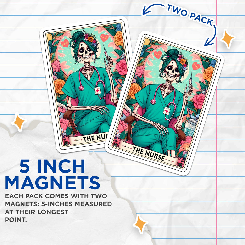 (2 Pack) Nurse Skeleton Magnets - Tarot Card Nurse - Gothic Medical Worker Decor - Halloween RN Appreciation - 5 Inches On Longest Side - Thick Durable Magnet - Made in USA - MAG28840
