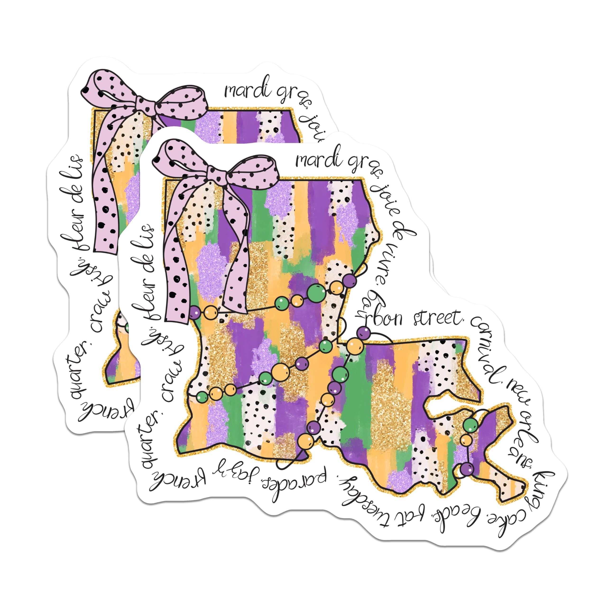 (2 Pack) Louisiana Mardi Gras Stickers - New Orleans Map - Colorful Parade Stickers - French Quarter - Bon Temps Rouler - 5" On Longest Side - Sticks to Smooth Flat Surfaces - Made in USA - BMCS6379