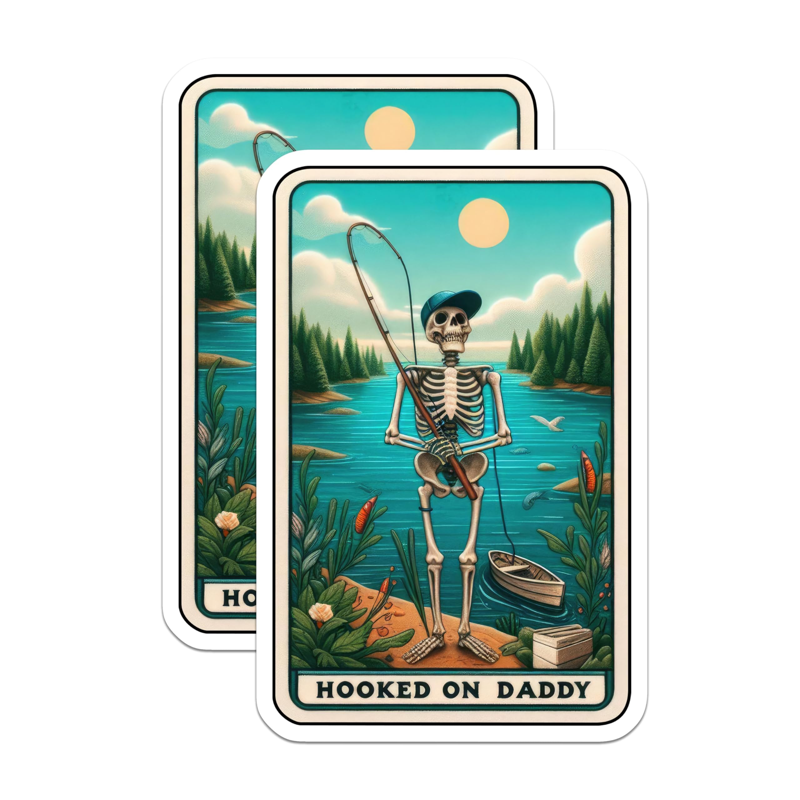 (2 Pack) Hooked on Daddy Stickers - Funny Fishing Dad Stickers - Skeleton Fisherman Decal for Father's Day - 5" On Longest Side - Sticks to Smooth Flat Surfaces - Made in USA - BMCS5068