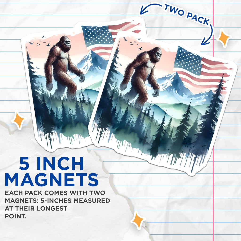 (2 Pack) Bigfoot Magnets - American Flag Sasquatch - Mountain Forest Art Decor - 5 Inches On Longest Side - Thick Durable Magnet - Made in USA - MAG21998