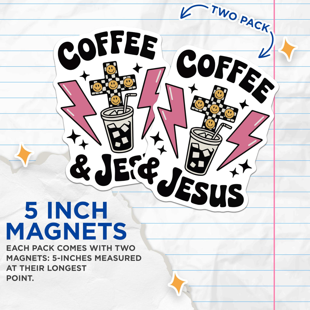 (2 Pack) Coffee and Jesus Magnets - Christian Decor - Retro Smiley Face Magnets - 5" On Longest Side - Premium Magnet - for Cars, Refrigerators, Toolboxes, Lockers - Made in USA - MAG16724