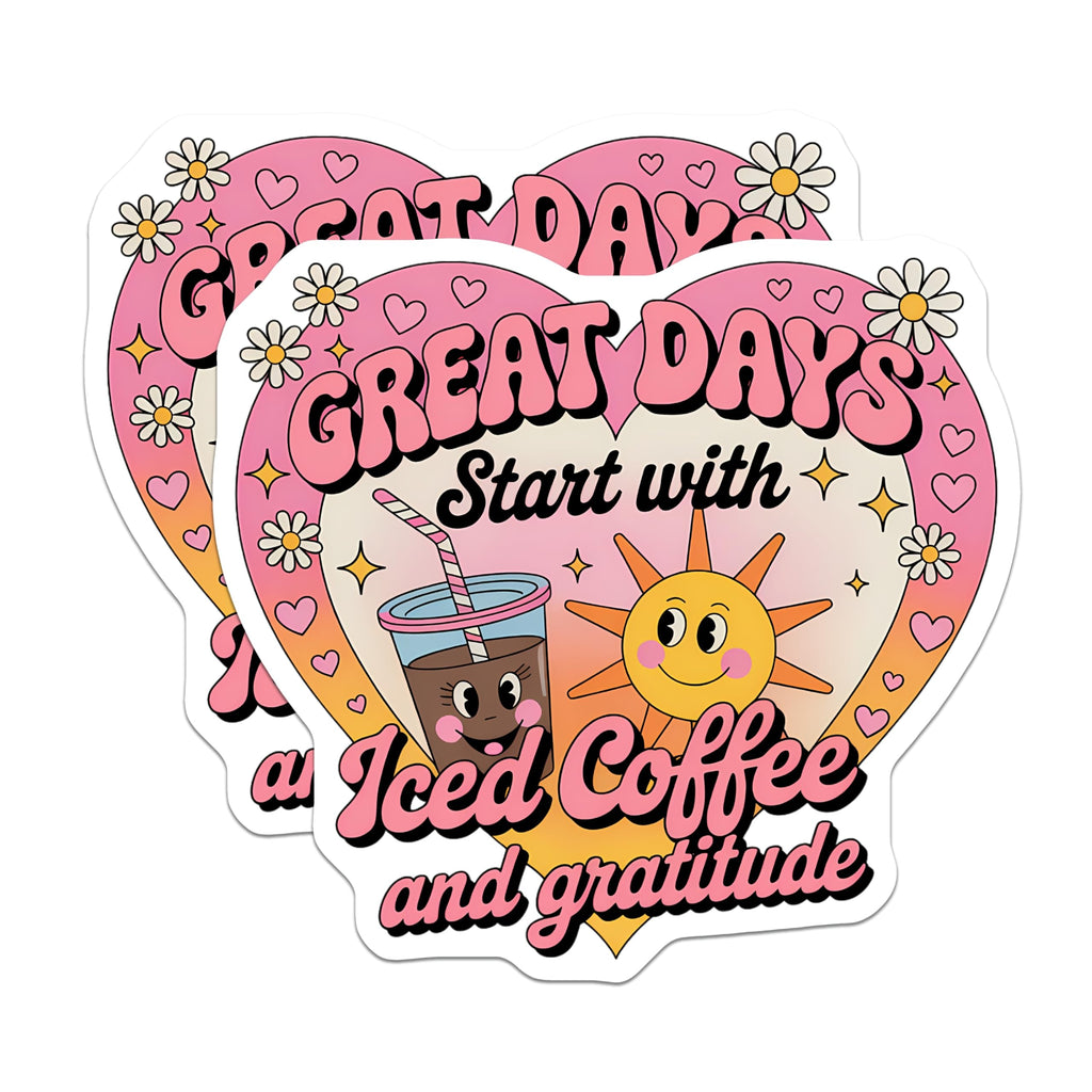 (2 Pack) Iced Coffee Magnets - Gratitude Message Decor - Groovy Happy Sun Daisy Art - 5 Inches On Longest Side - Thick Durable Magnet - Made in USA - MAG21901