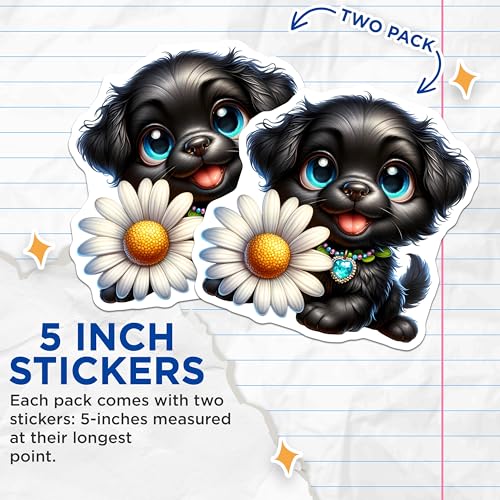 (2 Pack) Cute Black Puppy Stickers - Puppy with Daisy - Adorable Dog Stickers - 5" On Longest Side - Sticks to Smooth Flat Surfaces - Made in USA - BMCS9397