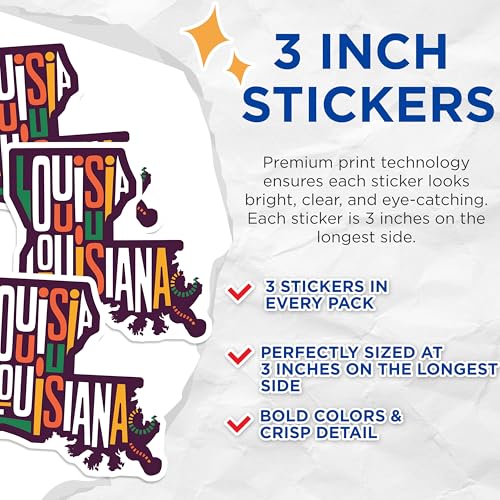 (3 Pack) Louisiana Decals - Colorful State Decal - Laptop Decals - 3 Inches On Longest Side - Easy Peel & Apply - Made in USA - 3MCS2679