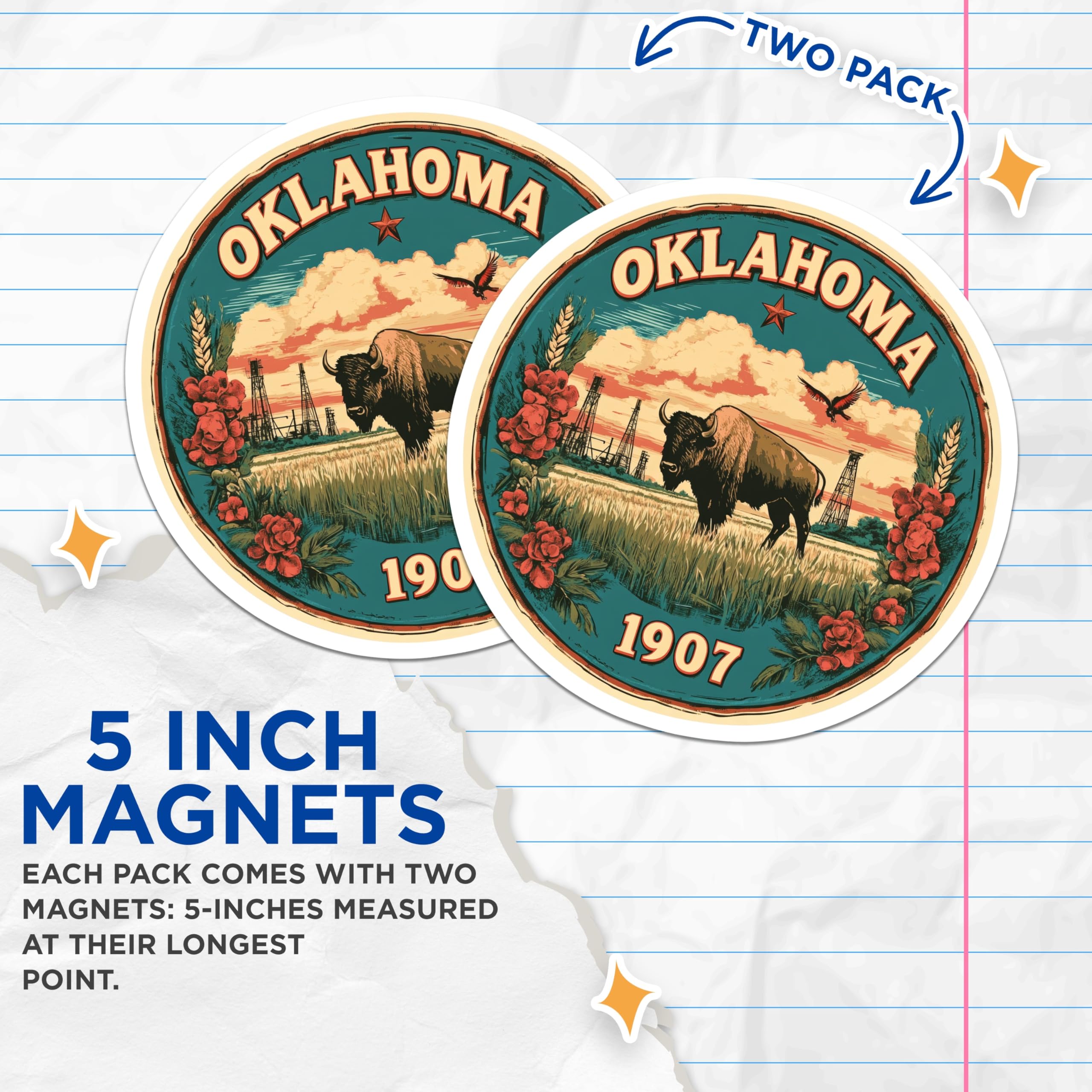(2 Pack) Oklahoma State Magnets - Bison Art - USA Souvenir Fridge Decor - 5" On Longest Side - Premium Magnet - for Cars, Refrigerators, Toolboxes, Lockers - Made in USA - MAG15526