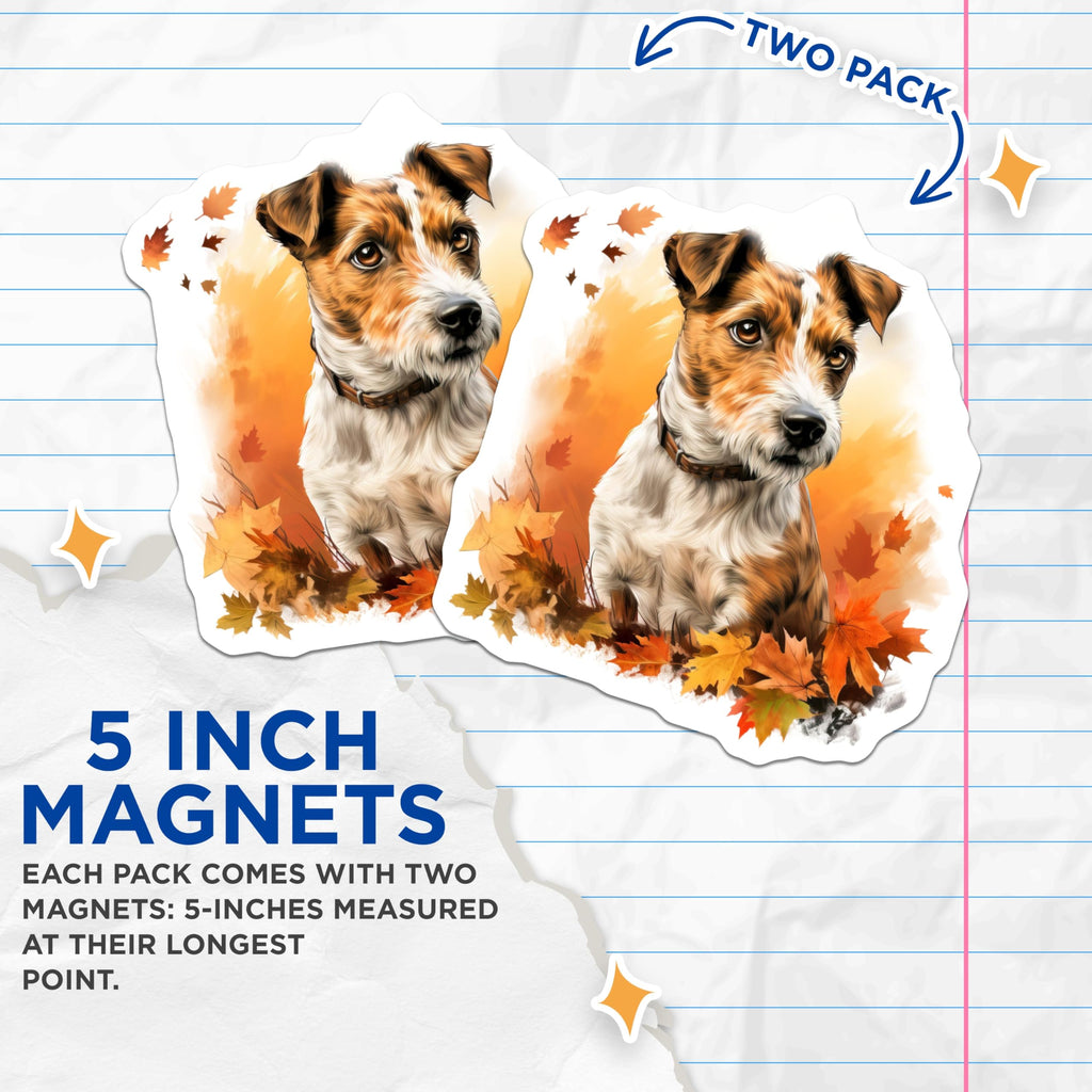 (2 Pack) Jack Russell Magnets - Autumn Dog Decor - Fall Leaves Pet Lover Accent - 5 Inches On Longest Side - Thick Durable Magnet - Made in USA - MAG25946