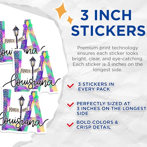 (3 Pack) Louisiana Decals - Mardi Gras Fleur-de-lis - State Pride Decal - 3 Inches On Longest Side - Easy Peel & Apply - Made in USA - 3MCS2894