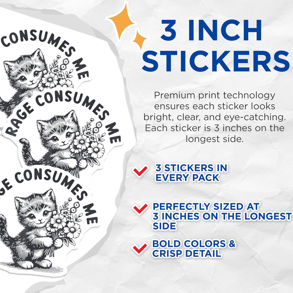 (3 Pack) Kitten Decals - Rage Consumes Me - Cute Cat Sticker - 3 Inches On Longest Side - Easy Peel & Apply - Made in USA - 3MCS2328