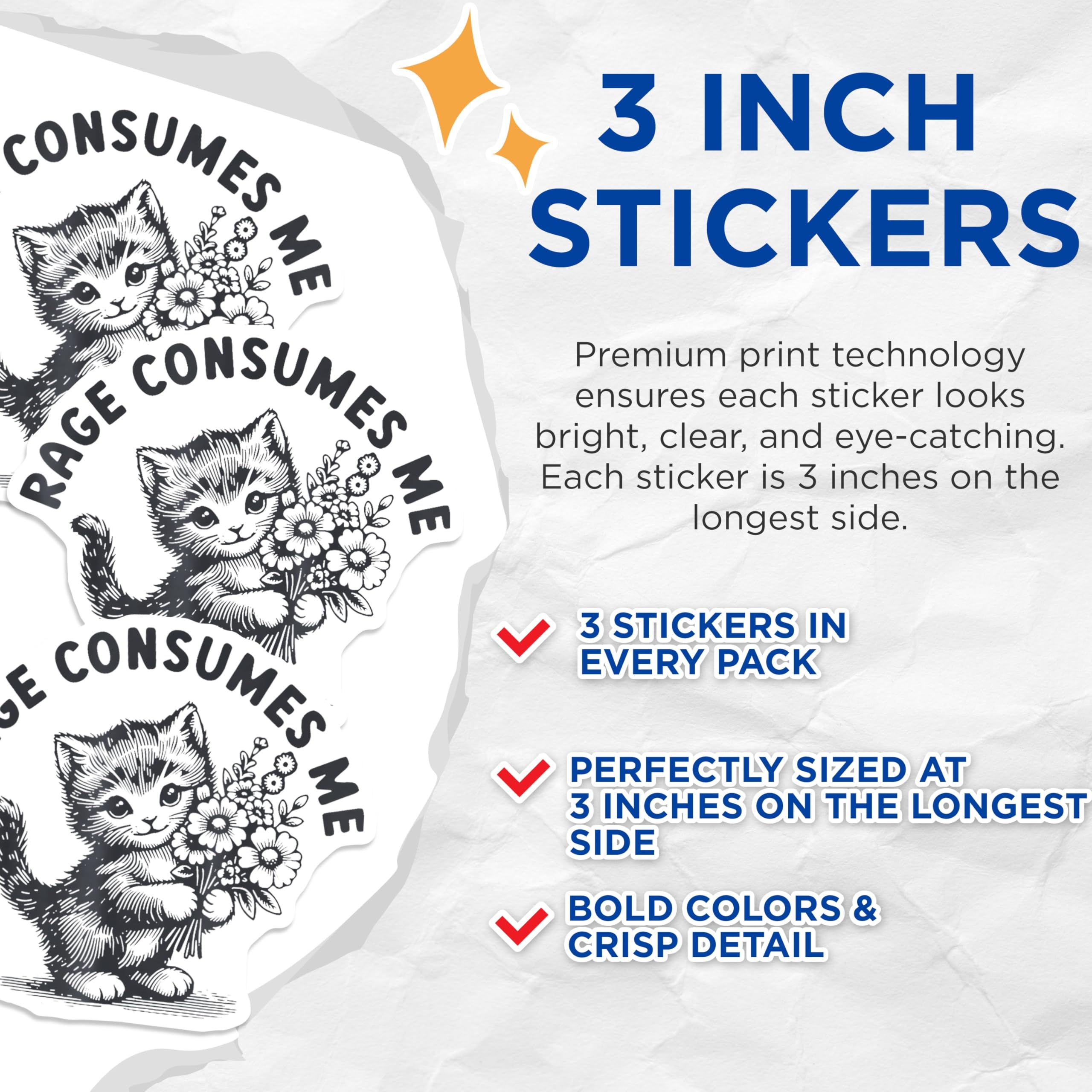 (3 Pack) Kitten Decals - Rage Consumes Me - Cute Cat Sticker - 3 Inches On Longest Side - Easy Peel & Apply - Made in USA - 3MCS2328