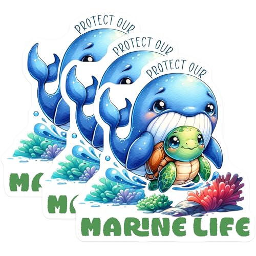 (3 Pack) Marine Life Decals - Turtle and Whale Sticker - Protect Ocean Decal - 3 Inches On Longest Side - Easy Peel & Apply - Made in USA - 3MCS6716