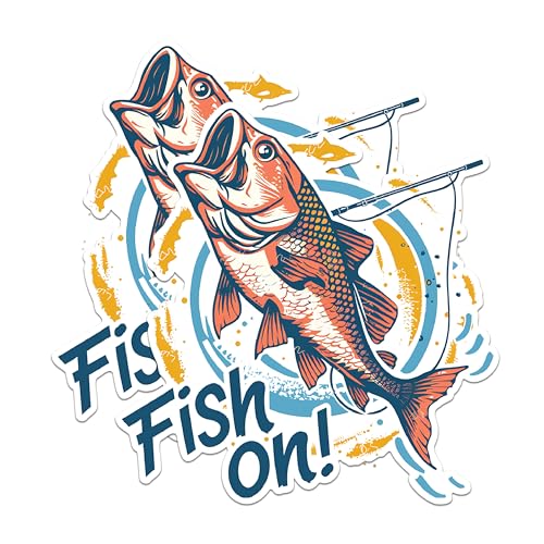 (2 Pack) Fish On Stickers - Fishing Enthusiast Stickers - Sport Fishing Stickers - 5" On Longest Side - Sticks to Any Smooth Flat Surface - Made in USA - BMCS2623