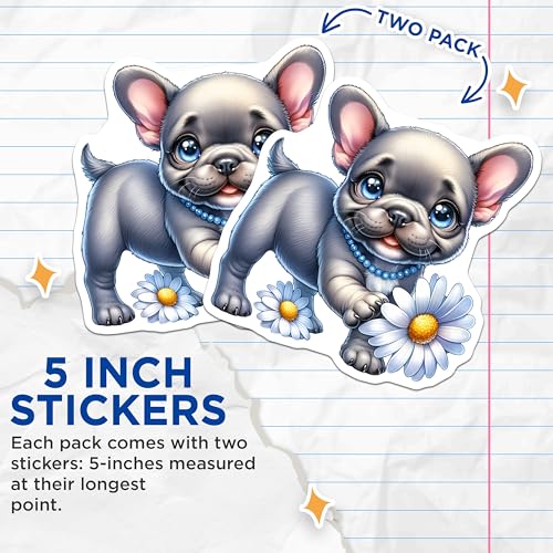 (2 Pack) Cute Puppy Stickers - French Bulldog Art - Floral Dog Lovers Decals - 5" On Longest Side - Sticks to Smooth Flat Surfaces - Made in USA - BMCS9570