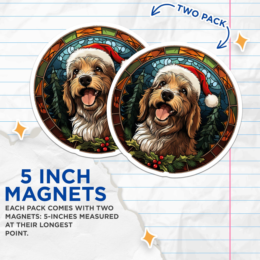 (2 Pack) Christmas Goldendoodle Magnets - Santa Hat Dog Holiday Decor - Stained Glass Look Fridge - 5 Inches On Longest Side - Thick Durable Magnet - Made in USA - MAG27554