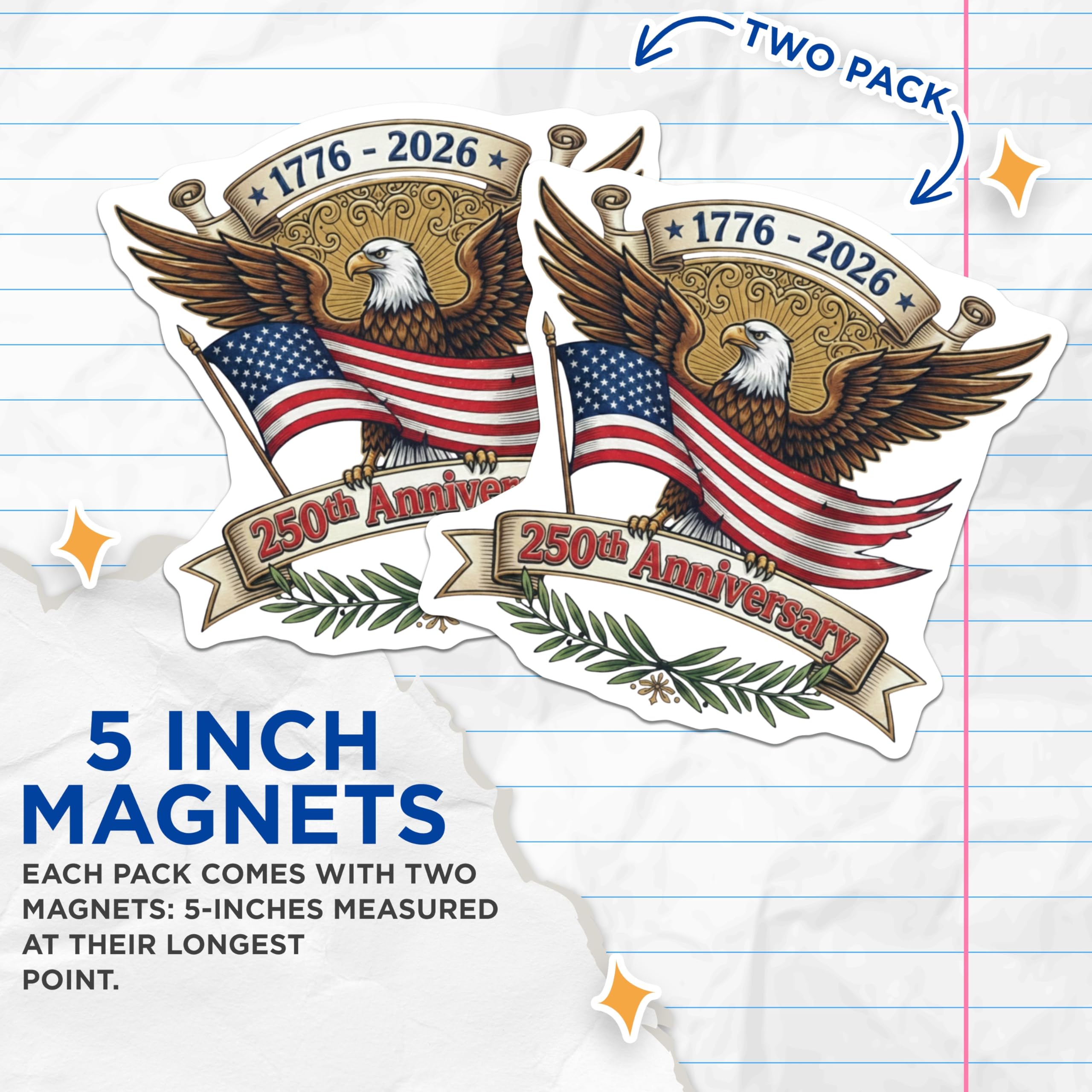 (2 Pack) 250th Anniversary Magnets - American Eagle Flag - Patriotic USA Decor - 5 Inches On Longest Side - Thick Durable Magnet - Made in USA - MAG24272