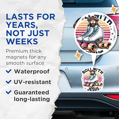 (2 Pack) Roll with Jesus Magnets - Inspirational Fridge Magnets - Christian - Motivational Roller Skate Theme - 5" On Longest Side - for Cars, Fridges, Toolboxes - Made in USA - MAG4378