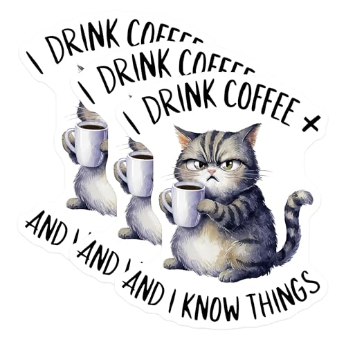 (3 Pack) Grumpy Cat Decals - Coffee Lover - Funny Laptop Decals - 3 Inches On Longest Side - Easy Peel & Apply - Made in USA - 3MCS2231