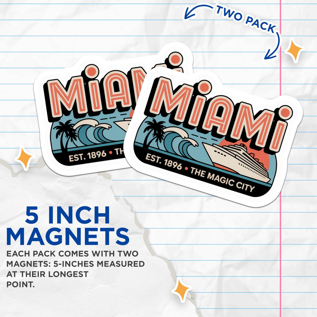 (2 Pack) Miami Magnets - The Magic City Magnets - Travel Souvenir Magnets - 5" On Longest Side - Premium Magnet - for Cars, Refrigerators, Toolboxes, Lockers - Made in USA - MAG17869