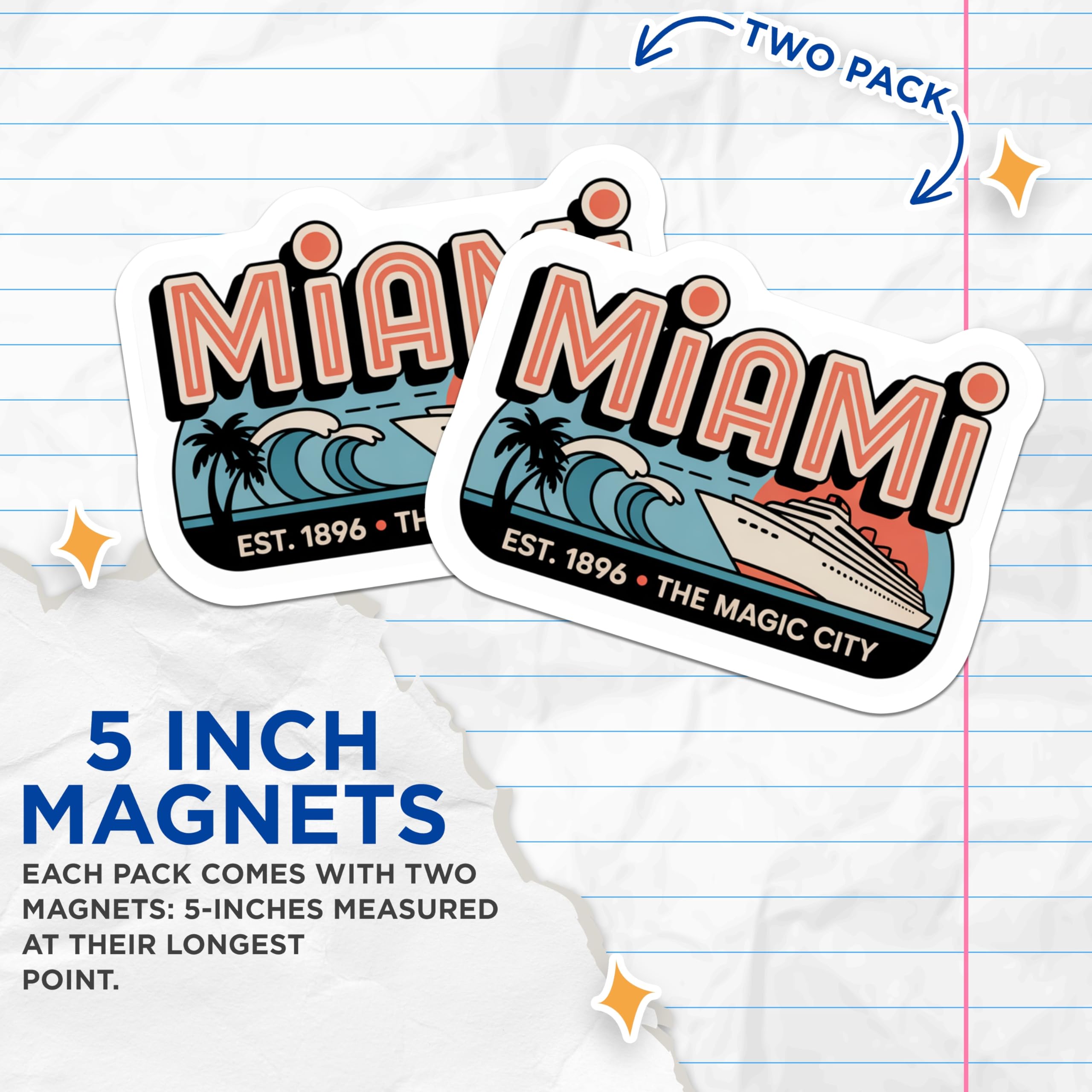 (2 Pack) Miami Magnets - The Magic City Magnets - Travel Souvenir Magnets - 5" On Longest Side - Premium Magnet - for Cars, Refrigerators, Toolboxes, Lockers - Made in USA - MAG17869
