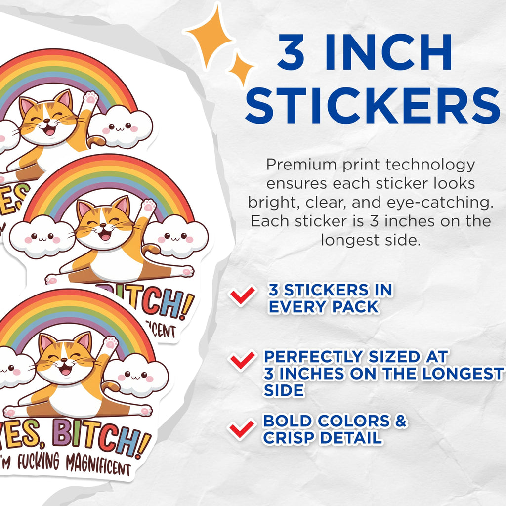 (3 Pack) Cat Rainbow Decals - Funny Cat Decal - Laptop Decal - 3 Inches On Longest Side - Easy Peel & Apply - Made in USA - 3MCS2086