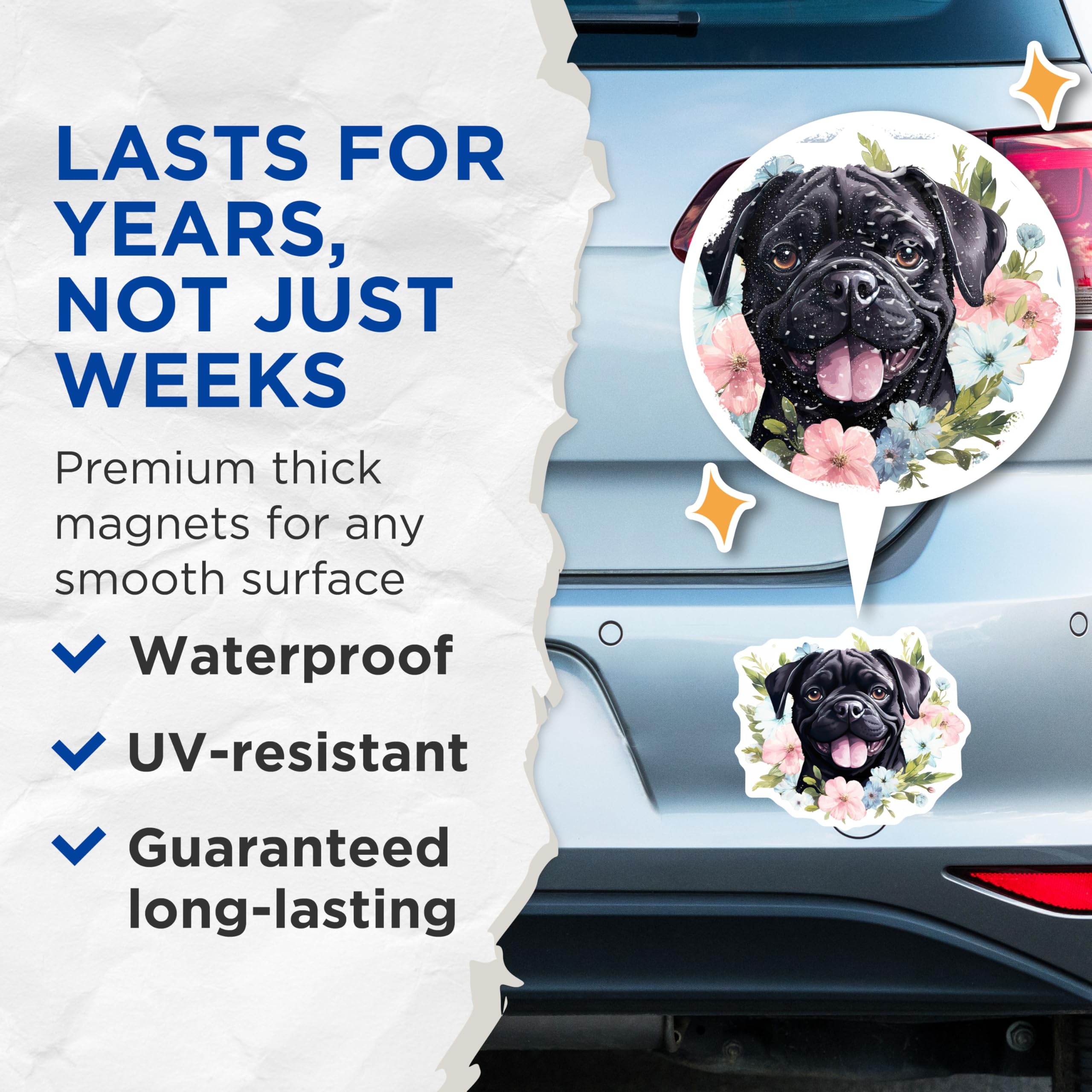 (2 Pack) Black Pug Dog Magnets - Floral Pug Decor - Cute Dog Mom Pet Lover Magnets - 5 Inches On Longest Side - Thick Durable Magnet - Made in USA - MAG29059