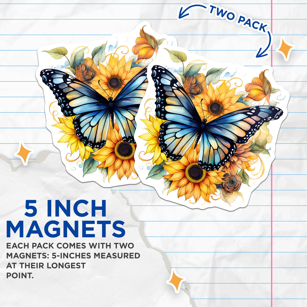 (2 Pack) Watercolor Butterfly Sunflower Magnets - Nature Lover Decor - Boho Home Accent - 5 Inches On Longest Side - Thick Durable Magnet - Made in USA - MAG36468