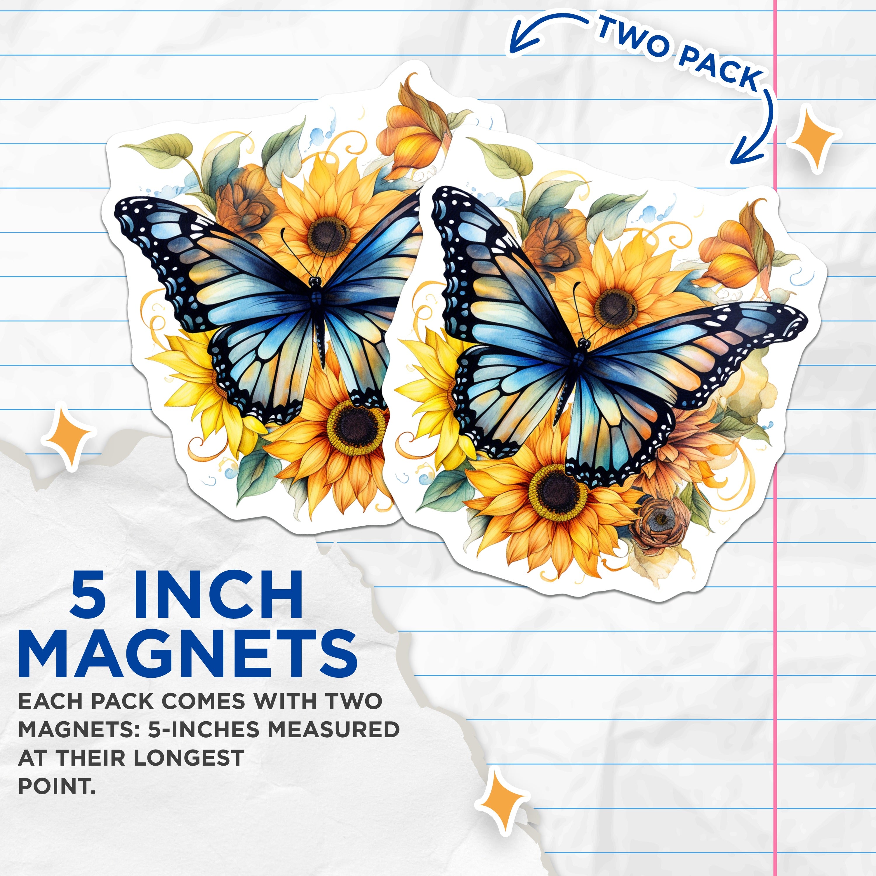 (2 Pack) Watercolor Butterfly Sunflower Magnets - Nature Lover Decor - Boho Home Accent - 5 Inches On Longest Side - Thick Durable Magnet - Made in USA - MAG36468