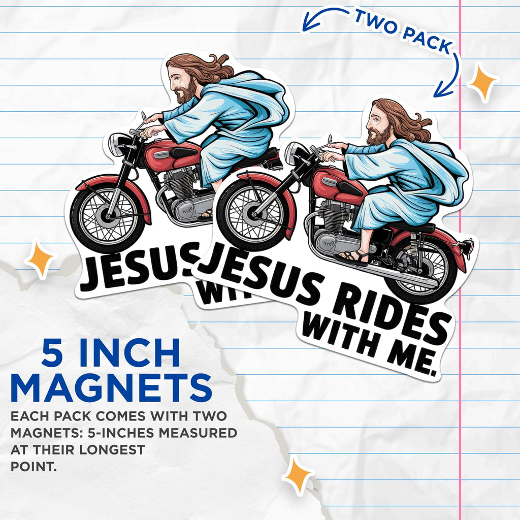 (2 Pack) Jesus Rides with Me Magnets - Jesus On Motorcycle Magnet -Christian Biker Jesus - 5 Inches On Longest Side - Premium Vinyl - for Cars, Refrigerators, Toolboxes - Made in USA - MAG2087