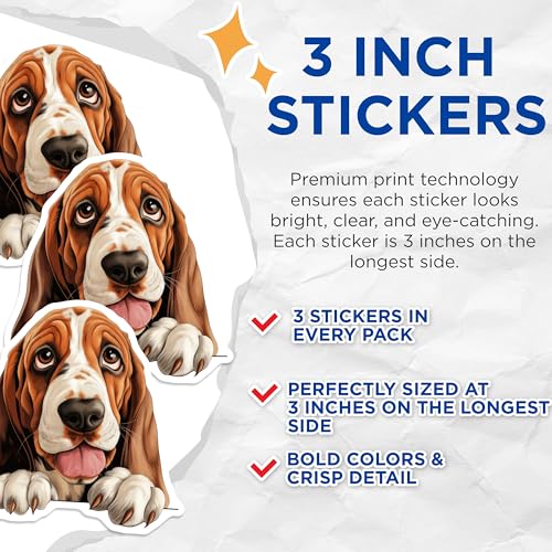 (3 Pack) Basset Hound Decals - Dog Breed Stickers - Cute Pet Laptop Stickers - 3 Inches On Longest Side - Easy Peel & Apply - Made in USA - 3MCS8616