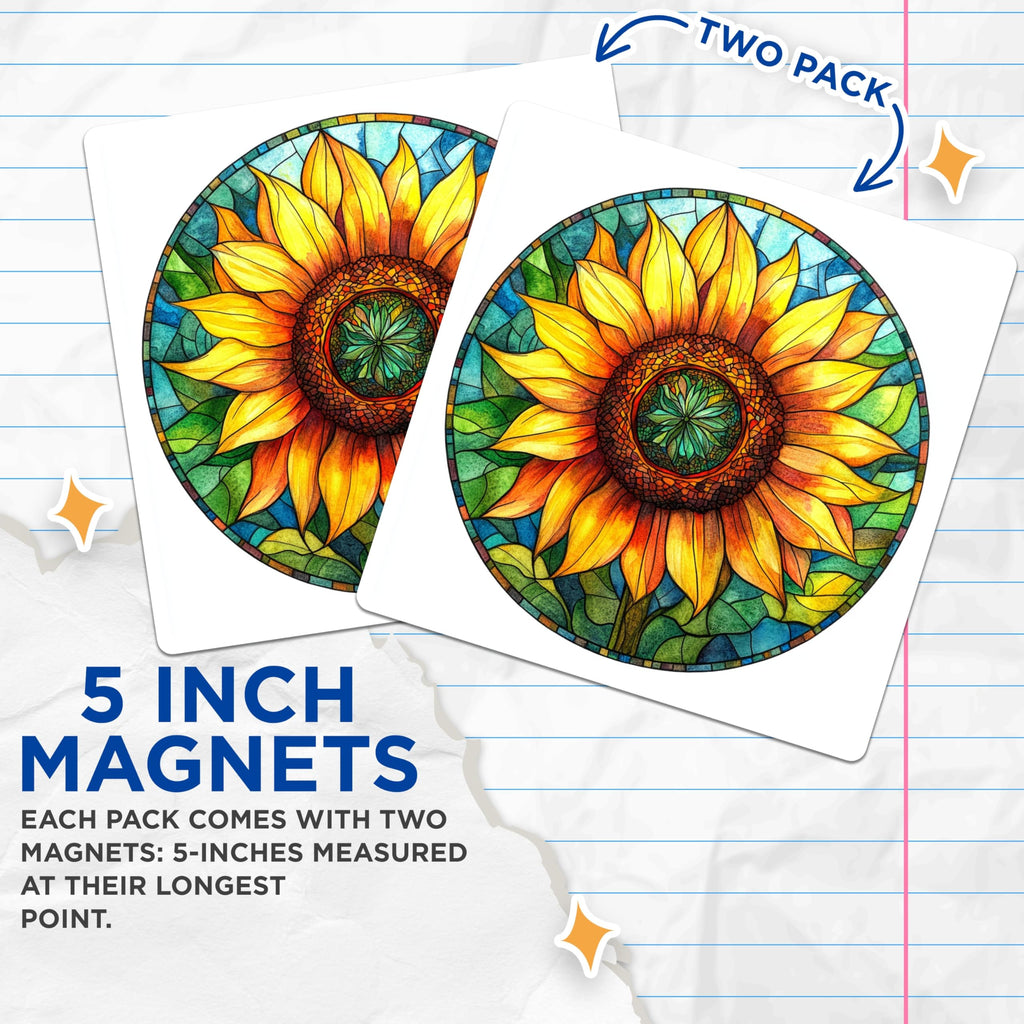 (2 Pack) Stained Glass Sunflower Magnets - Nature Art Decor - Boho Floral Kitchen Fridge - 5 Inches On Longest Side - Thick Durable Magnet - Made in USA - MAG26903