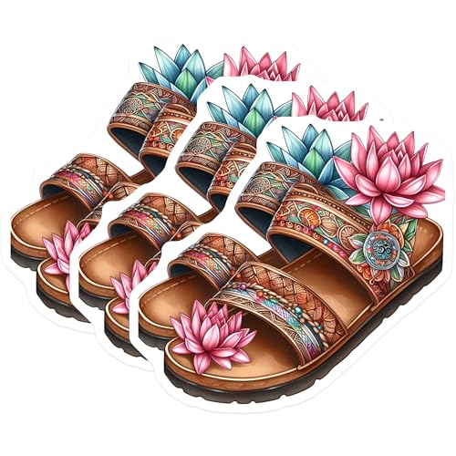 (3 Pack) Boho Sandals Decals - Lotus Flower Art - Stylish Laptop Decals - 3 Inches On Longest Side - Easy Peel & Apply - Made in USA - 3MCS7619